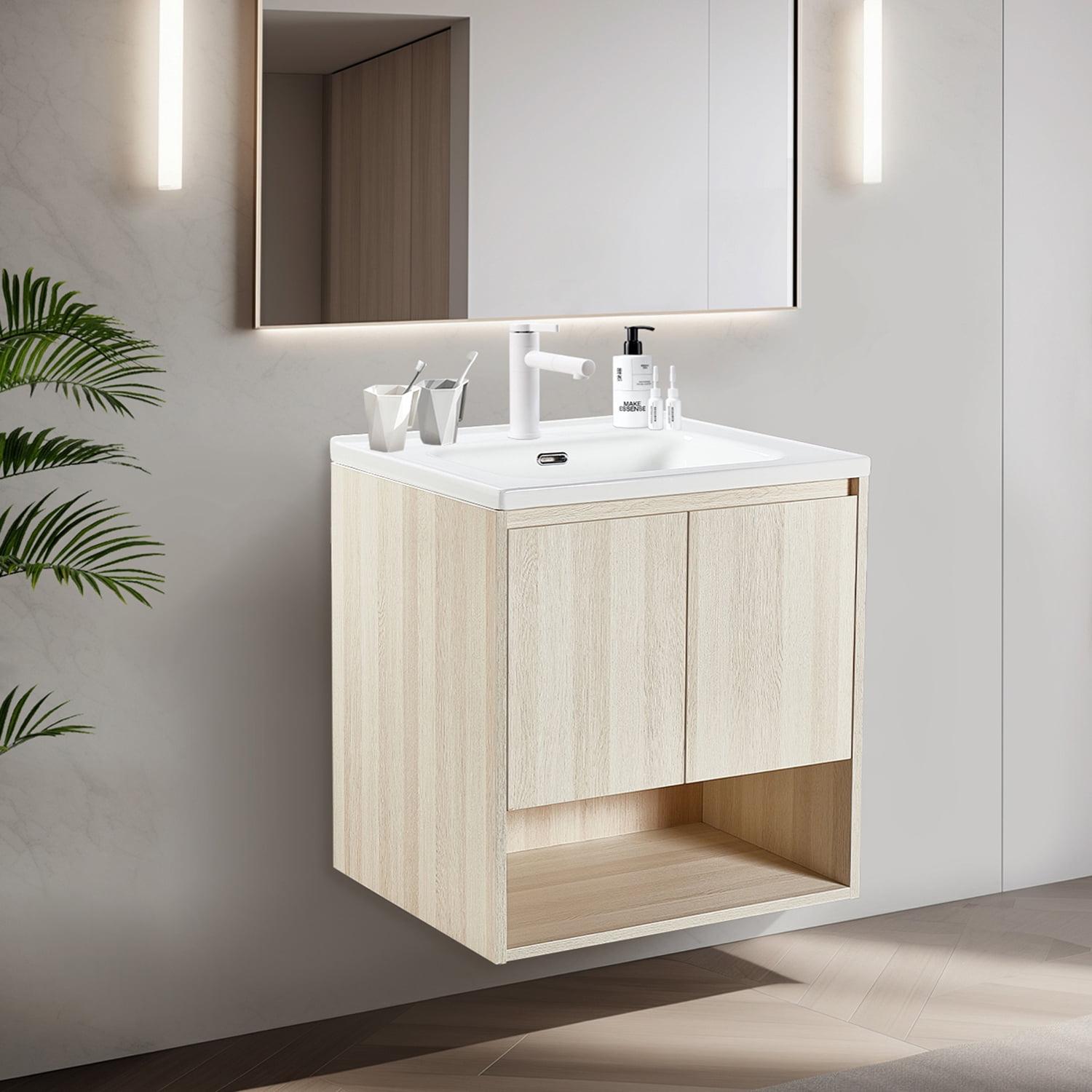 Wall Mount Vanity Cabinet Open Storage White Oak L 24 in x H 24.8 in x D 19.7 in