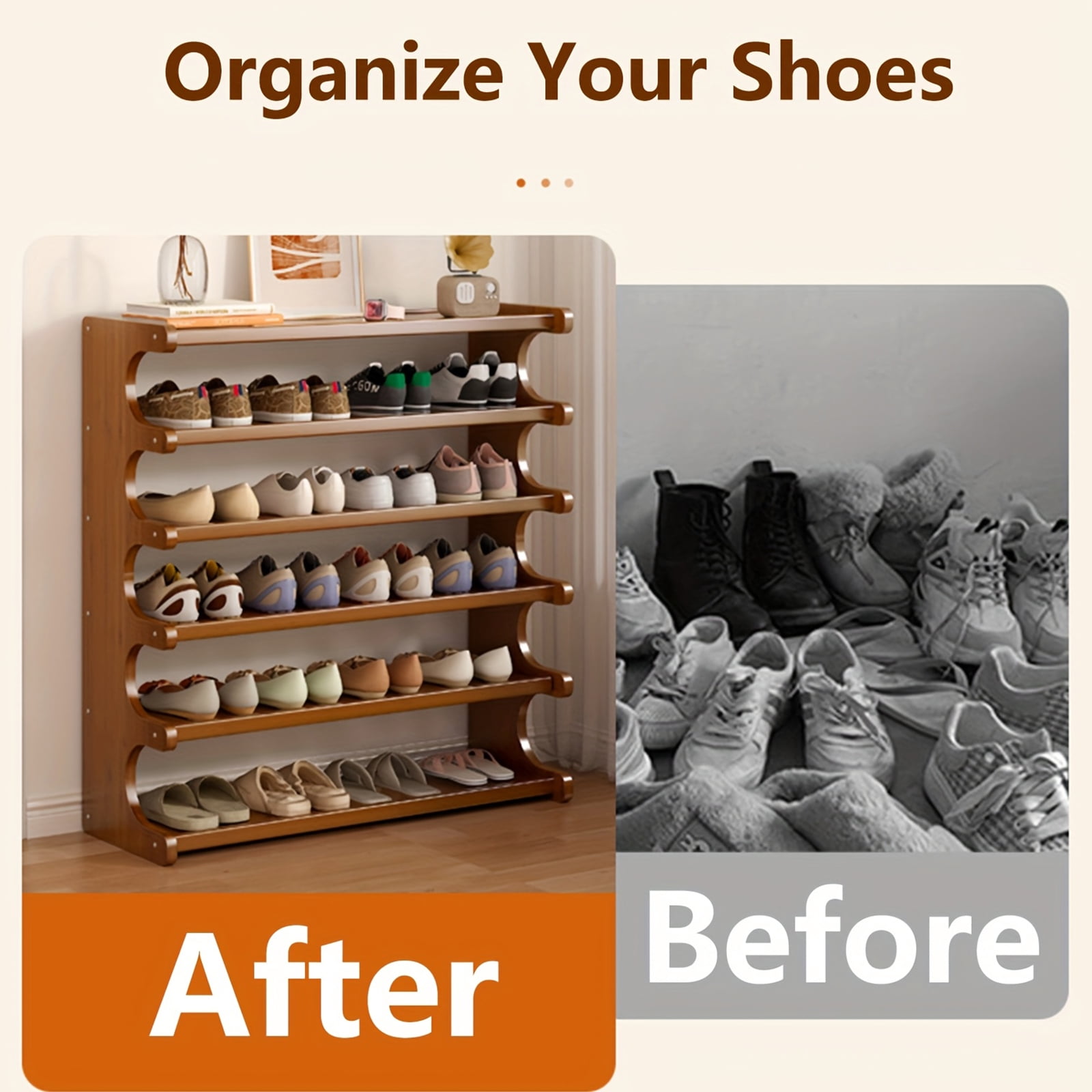 6 Tiers Shoe Racks, Bamboo Vertical Shoe Rack Organizer for Closet Floor, Wooden Stackable Shoe Storage Shelves, for Entryway, Hallway, Multifunctional Front Door Shoe Rack, 70cm/27.5''