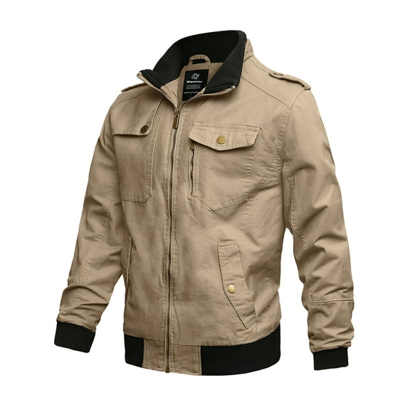 Wantdo Men's Plus Size Spring Jacket Lightweight Military Cotton Coat Khaki 2XL
