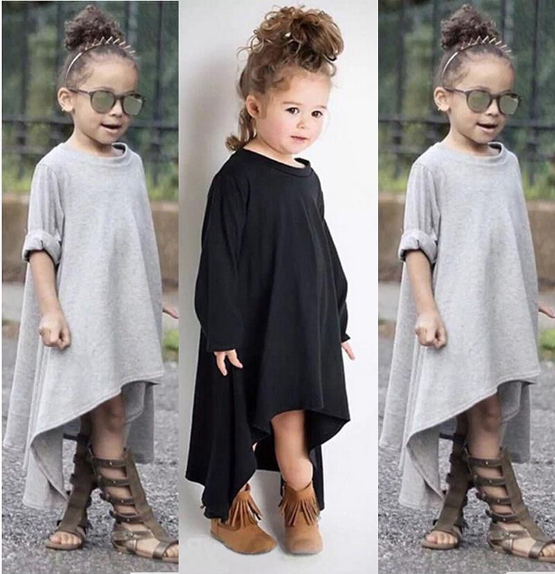Toddler Kids Baby Girls Long Sleeve Black/Grey Batwing Loose Asymmetric Fashion Playwear Dress
