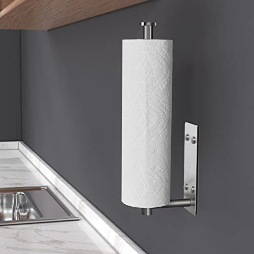 Under Cabinet Paper Towel Holder, Wall Mounted Kitchen and Bathroom Roll Holder with Damping Effect, Brushed Silver Stainless Steel