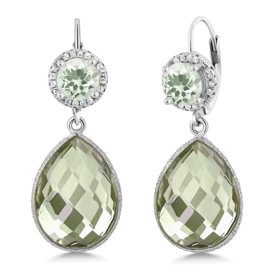 Gem Stone King 1.90 Cttw Green Prasiolite Dangle Earrings for Women | 925 Sterling Silver | Gemstone Birthstone | Pear Shape 16X12MM | Round 6MM