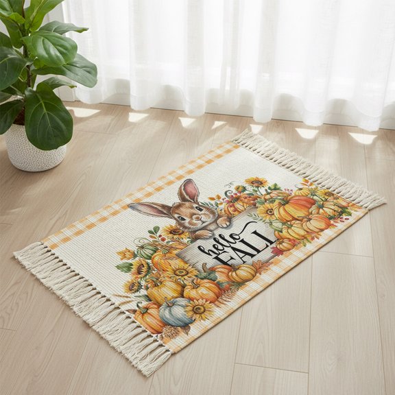 Cartoon Cute Rabbit Boho Hallway Runner Rug 2x3ft, Kitchen Runner Rug Tassel Rugs, Hello Fall Pumpkins Sunflowers Area Rugs Floor Carpet for Living Room Bedroom Entryway