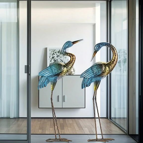 House of Avana Blue Gold Metal Crane Garden Sculpture Elegant Outdoor Decor