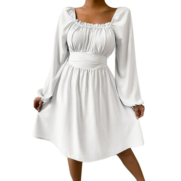 Long sleees spring gray fit and flare dress 4876