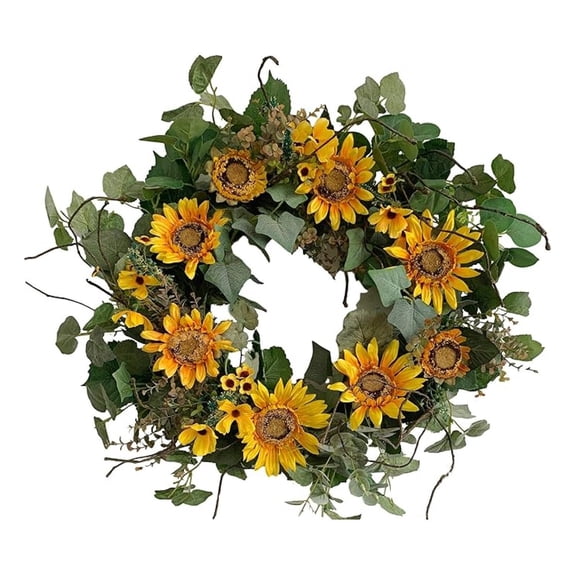 24 Inch Wreath with Green Leaves, Plaid Blossom Floral Wreath, Grapevine Base, Summer Front Door Decor for Festival Celebration