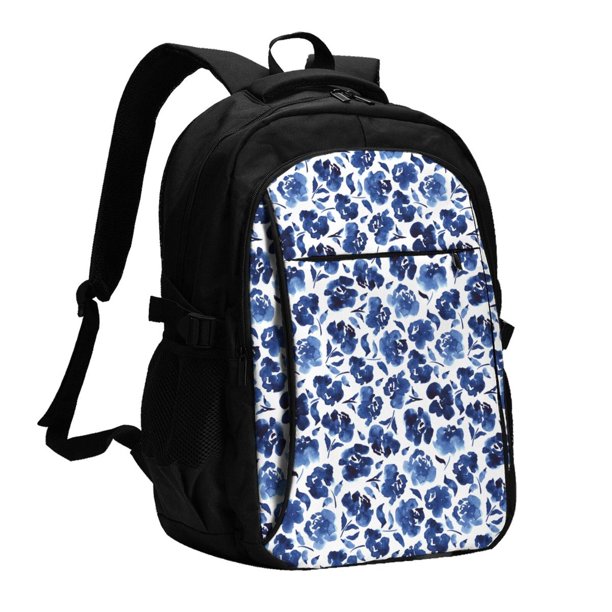 Balery Blue Ink Flowers Mochila con carga USB para hombre y mujer - Mochila impermeable y antirrobo para laptop con puerto USB para viajes, trabajo