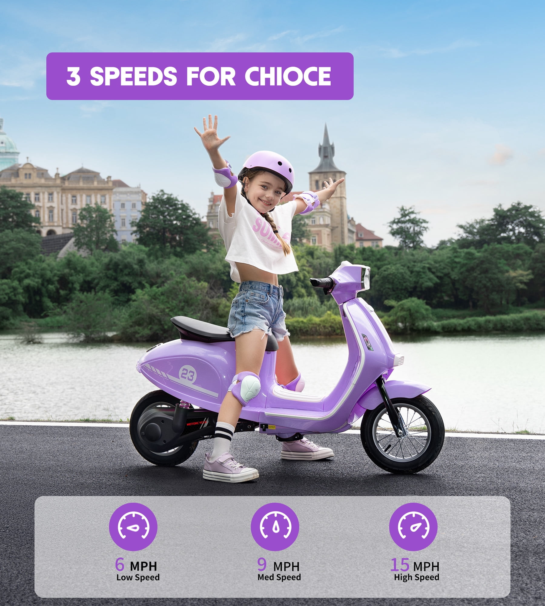 SaveJoy Kids Motorcycle 24V Retro Ride on for Ages 8+, LED Light-Up Electric Ride On Toy,Durable Outdoor Gift for Boys & Girls,Purple