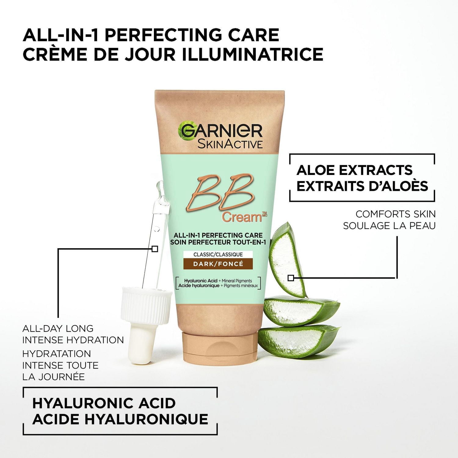 Garnier Crème BB pour Anti-Âge avec Acide Hyaluronique + Aloe Vera, Perfecteur de Peau, SkinActive, Foncés - 50ml