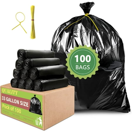33 Gallon Trash Bags (100 Count), Garbage Bags 30-32 Gallon, High Density Bags With Tying Ropes
