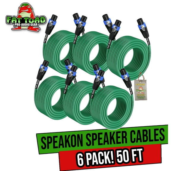 50FT Speakon to Speakon Speaker Cables (6-Pack) by FAT TOAD | DJ Pro Audio Green PA Cords with Twist Lock Connector | 12 AWG Wires for Studio Recording & Stage Gear