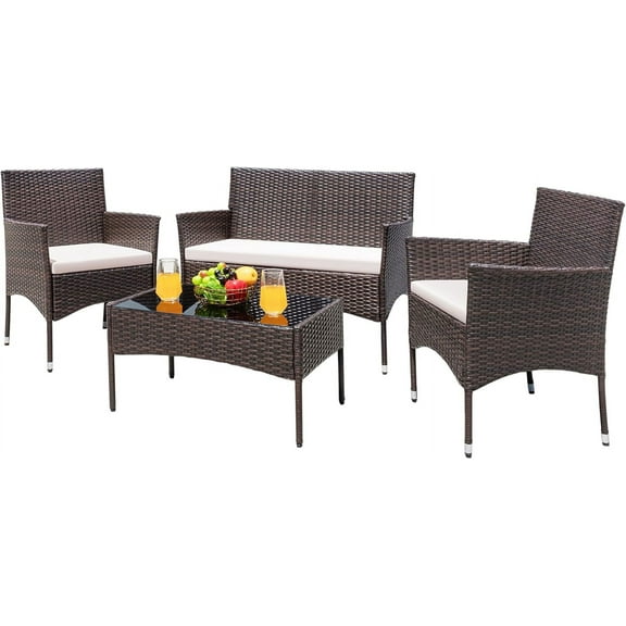 Patio furniture 4 piece outdoor rattan chair set with cushions and glass table, brown