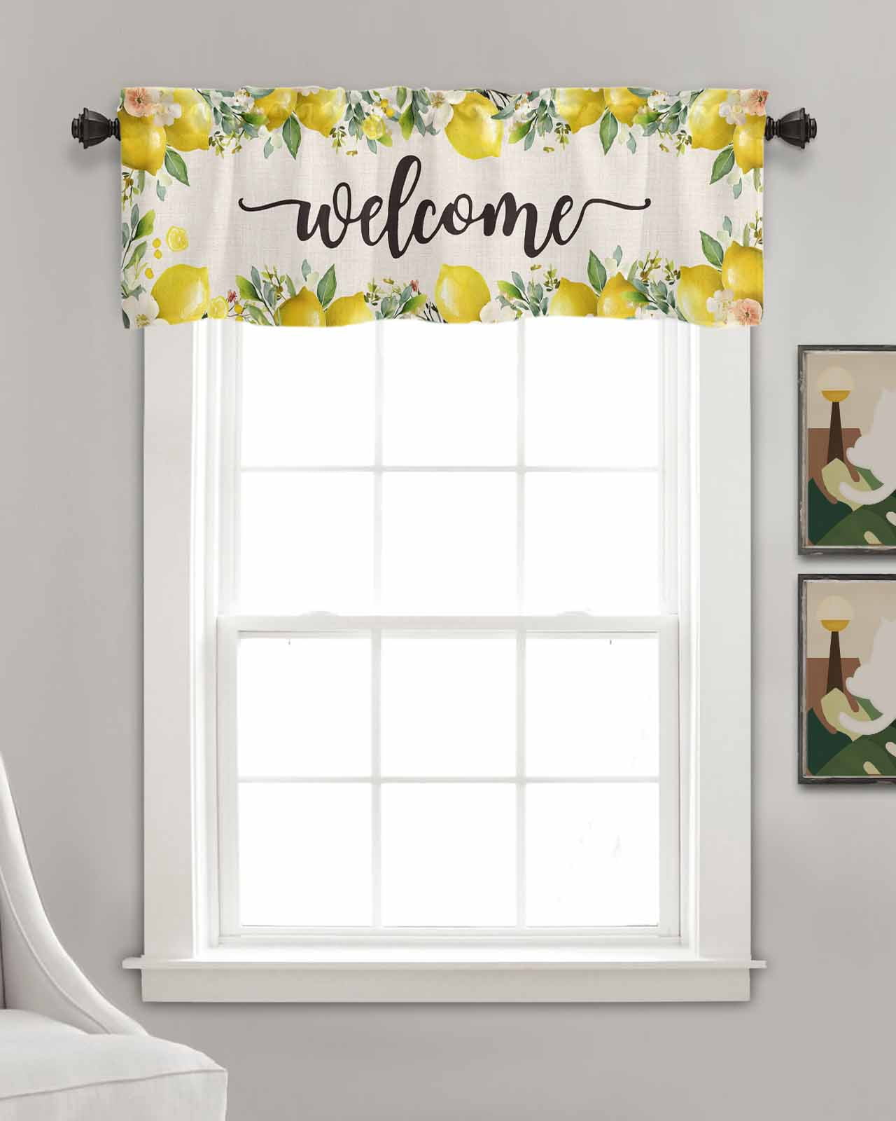 Lemon Farmhouse Kitchen Valances for Windows Farmhouse Linen Window Valance Curtain for Living Room Window Treatment Summer Fruit Botanical Beige Burlap Valance Rod Pocket Topper Drape, 54 x 18 Inch
