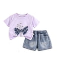 thumbnail image 6 of Girls Cotton 2 Piece Outfits Summer Cute Short Sleeve Rhinestone Bow Printed T-Shirt and Elastic Waist Denim Shorts Set Purple 1-2Years, 6 of 9