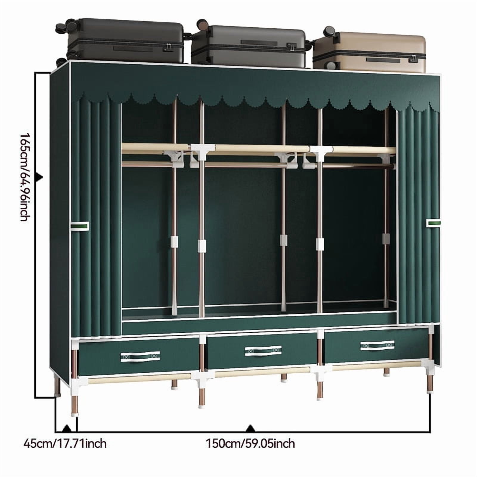 ArluKin 59Inch Portable Wardrobe Closet, 3 Storage Spaces with 3 Hanging Rods,3 Drawers，Steel Frame Fabric Organizer, Easy Assembly and Dust Resistant Design, green