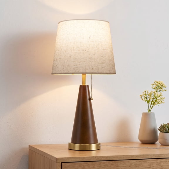 SUNMORY Modern Wood Table Lamp with 3 Color LED Bulb, Mid-Century Bedside Nightstand Lamp with Pull Chain Switch, Linen Shade & Heavy Brass Base Desk Lamp for Bedroom, Living Room, Home Office
