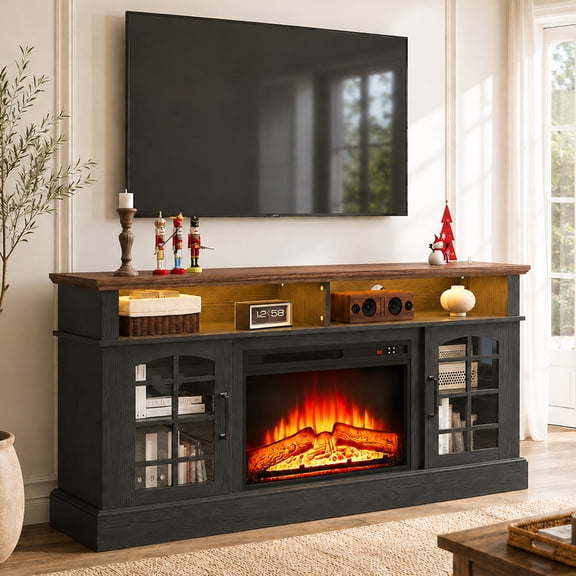 Paproos Fireplace TV Stand for 65 inch TV with LED Lights, 32.0in Tall TV Stand with 23'' Electric Fireplace, Entertainment Center for Living Room, 400 Sqt Heating Area, Brown Tabletop&Black Cabinet