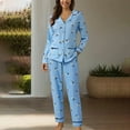 thumbnail image 2 of ZHENHONG Pajamas for Women, Casual Lapel Button Print Two Piece Long Sleeve Pajamas Pajamas Suit, Women's Sleepwear Blue, 2 of 4