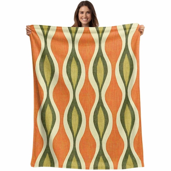 Orange Green Geometric Blanket Soft Cozy Warm Throw Blanket for Couch, Plush Fuzzy Flannel Fleece Blankets for Sofa, Abstract Moire Contemporary Bed Blankets Lightweight Gifts for Women, 50"x60"