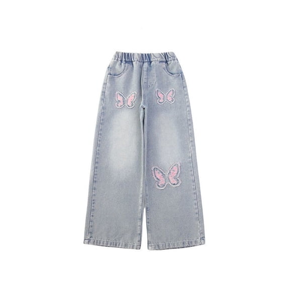 Shadoumai Girls Embroidered Jeans With Bow Detail Fashionable Straight Leg and Wide Leg Trousers for Kids Casual Comfortable Denim Pants