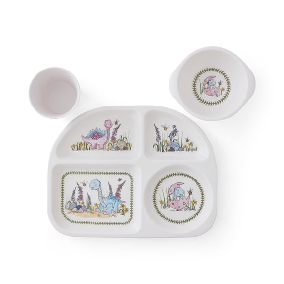 Portmeirion Mini Meirion Botanic Garden Dinosaur 3-Piece Kids Dinnerware Set – Durable Melamine Divided Plate, Bowl & Easy Grip Cup for Toddlers, Children & Fun Kids Dining Gift