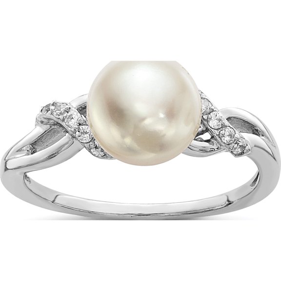 Sterling Silver Rhodium-Plated 8-9mm White Fwc Pearl Cz Ring (Size 6) Made In China qr6490-6