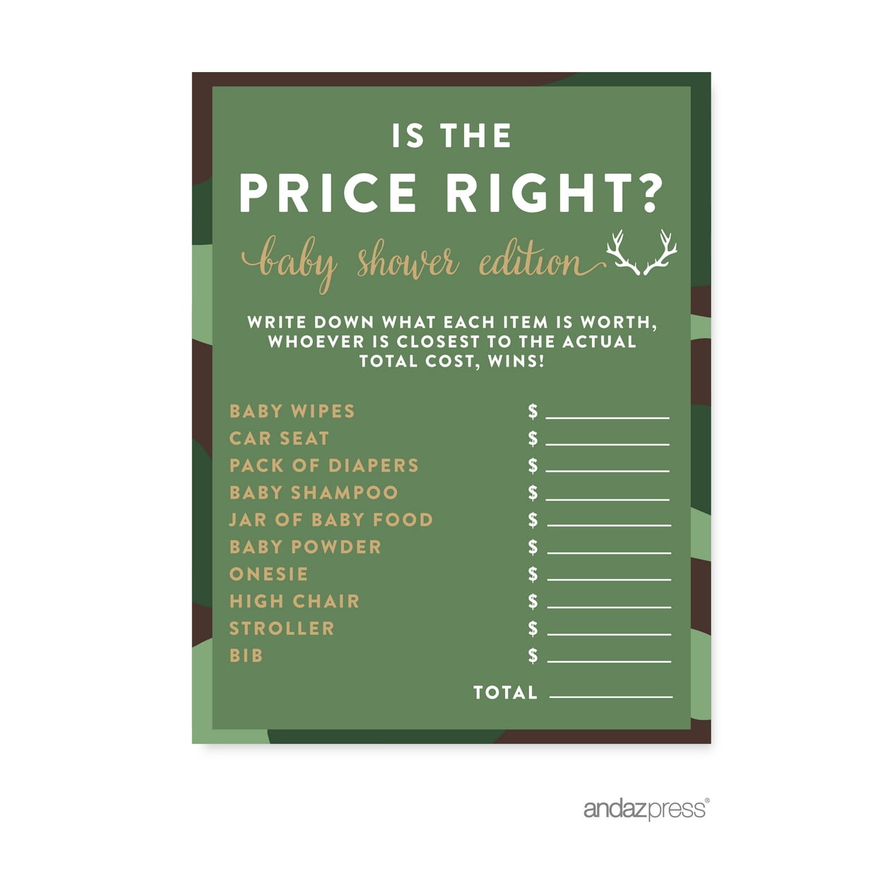 ANDAZ PRESS Is The Price Right? Green Woodland Camouflage Boy Baby Shower Game, 20-Pack