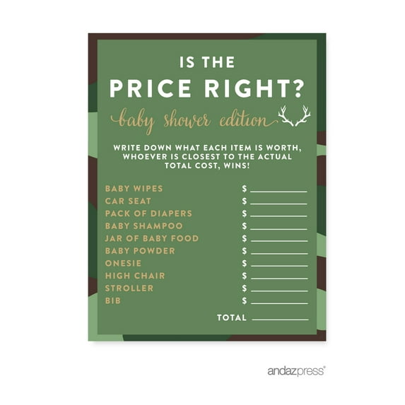 Is The Price Right? Green Woodland Camouflage Boy Baby Shower Game, 20-Pack