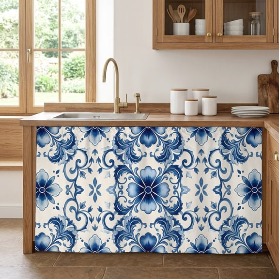 Vintage Flower Cabinet Curtains for Kitchen 28"W x 51"L, Greek Cobalt Blue Mandalas Floral Tile Texture Under Sink Skirt Magic Tape Short Curtain Decorative Privacy Panel for Pantry Cabinet Opening