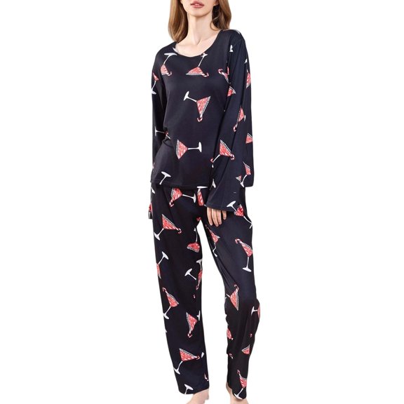Tiweut Womens 2 Piece Pajamas Sets for Christmas Elegant Wine Glass Print Soft Long Sleeve Tops and Pants Loungewear for Cozy Nights and Relaxation Ladies Sleepwear Set,A-Black,L