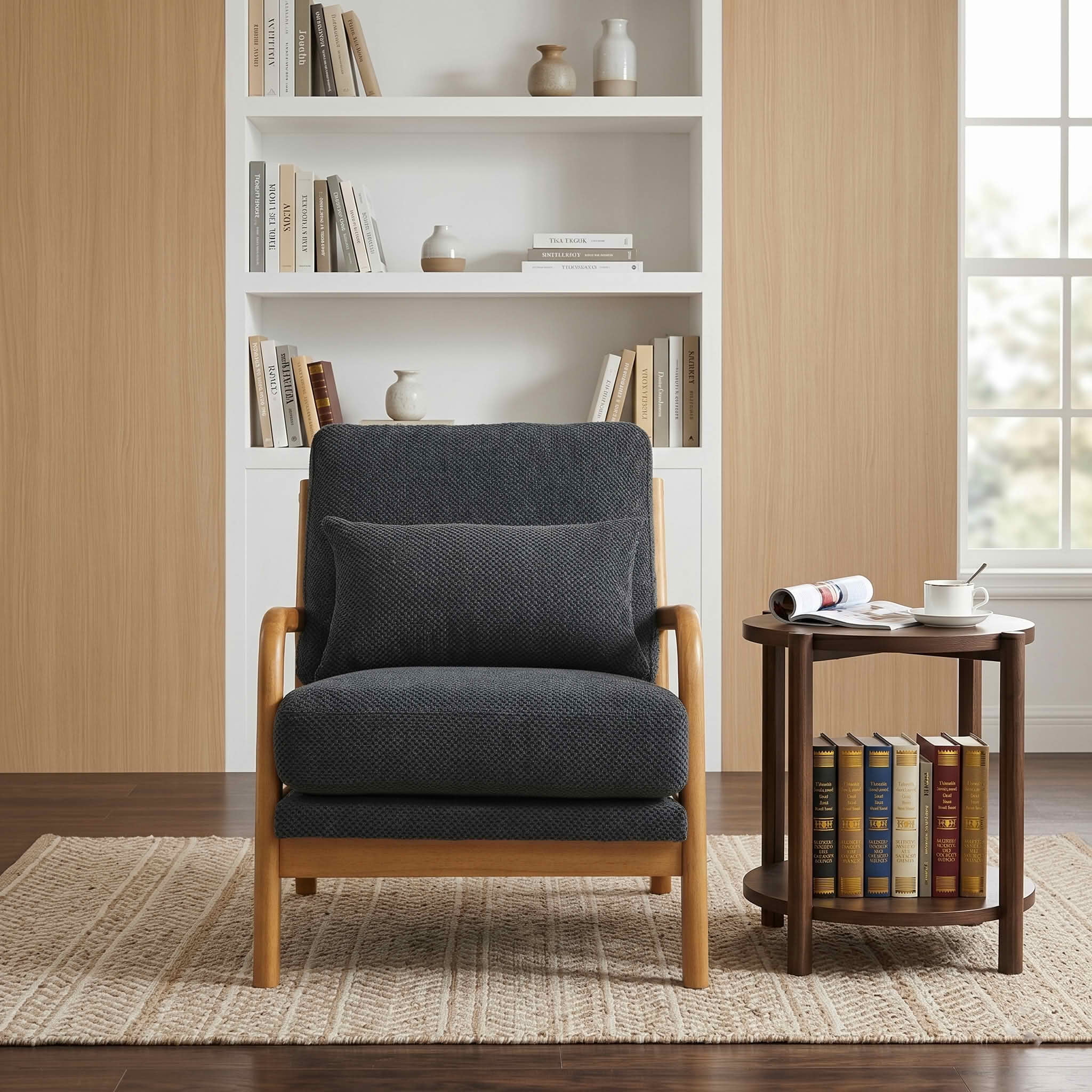 MAYEERTY 26 In Nubby Fabric Lounge Chair, Solid Wood Armrests, Lumbar Pillow, Dark Gray, 300 lb