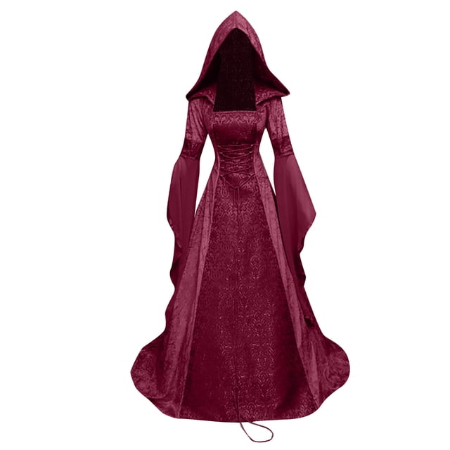 Penkiiy Robes d'Invité de Mariage pour Femmes Robe de Sorcière Médiévale pour Femmes Grande Taille Robe de Cour Renaissance à Capuche Robe Gothique Longueur au Sol Robe Rouge