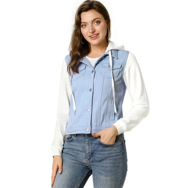 Allegra K Women's Denim Jacket Button Down Long Sleeve Drawstring Hood Jean  Jackets - Walmart.com