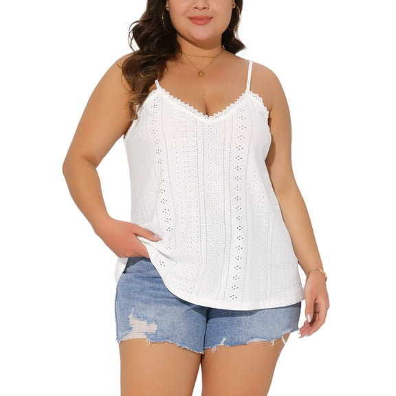FAB CURVES Women's Plus Size Cami Eyelet Hollow Jersey V Neck Sleeveless Spaghetti Straps Summer Casual Camisole Tops 1X White