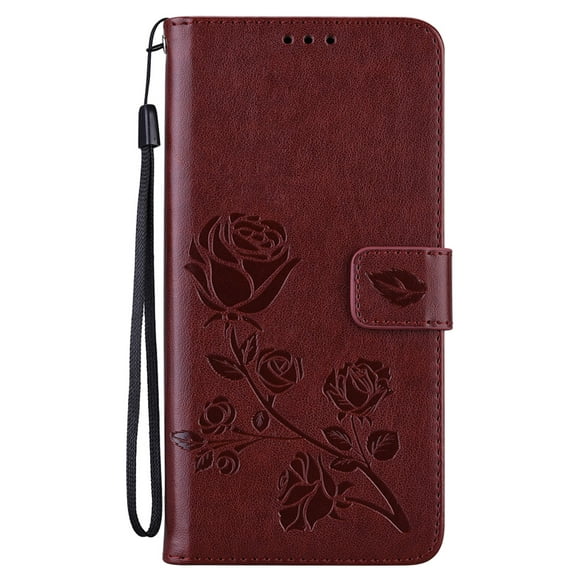 For iPhone 13 Case Embossed Rose Pattern Leather Magnetic Flip Stand Card Holder Wallet Case Cover with Hand Strap