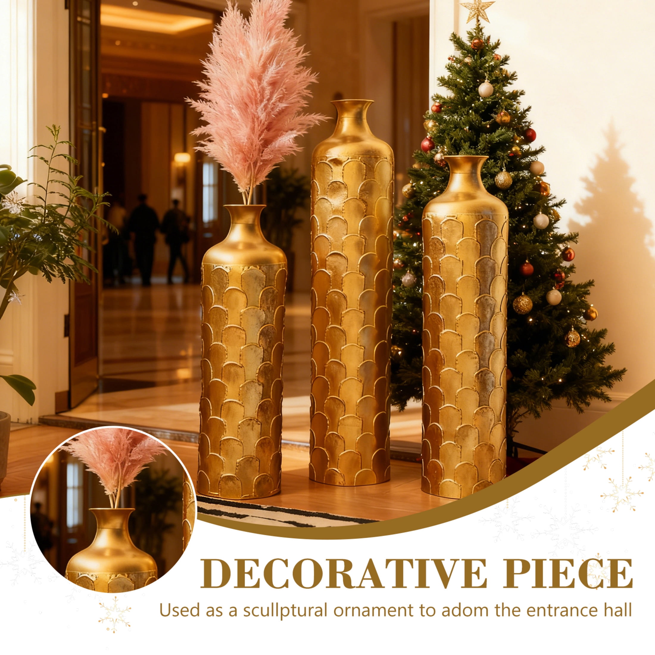 Noble House 25.2", 29.33", 34.25" Metal Floor Vase Set of 3, Geometric Textured Vases, Gold