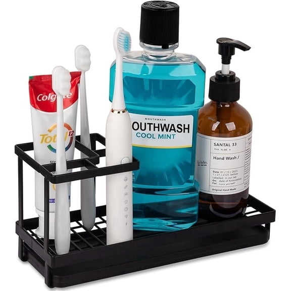 Xuet Carbon Steel Bathroom Toothbrush Organizer Holder, Multi Compartment Electric Toothbrush & Toothpaste Storage Rack, Vanity Countertop Sink Bathroom Accessory, Black