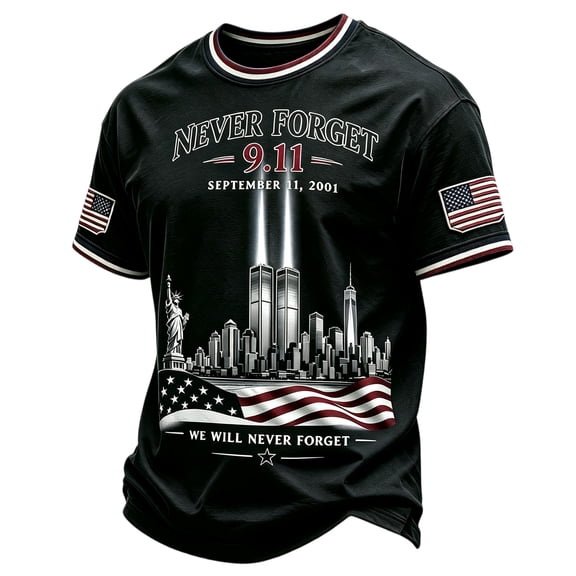 Never Forget 9/11 25th Anniversary Men's T-Shirt - Vintage Style Memorial Graphic Tee with Crew Neck for Everyday Commemorative Wear Black L