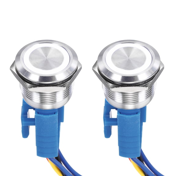Uxcell 2 Pack 7/8 Inch Stainless Steel Momentary Push Button Switch Flat Head 5A 110-220V Silver Shell With White LED Ring Head 1NO1NC