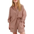 thumbnail image 1 of Eyicmarn Women 2Pcs Nightwear Suit, Solid Color 3/4 Sleeve Single-Breasted Turn-Down Collar Shirt + Elastic Waist Short Pants, 1 of 2