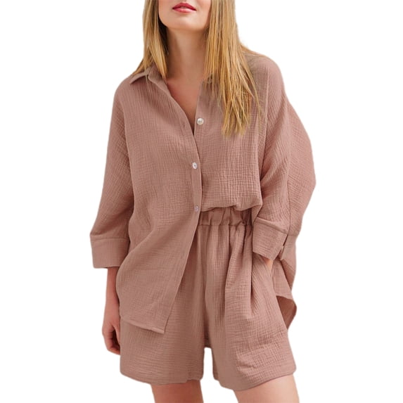 Eyicmarn Women 2Pcs Nightwear Suit, Solid Color 3/4 Sleeve Single-Breasted Turn-Down Collar Shirt + Elastic Waist Short Pants