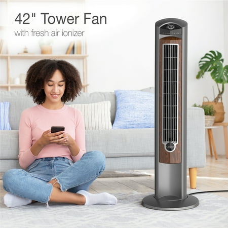 Lasko Wind Curve 42" 3-Speed Oscillating Ionizer Remote Controlled Tower, Gray/Brown, 2554