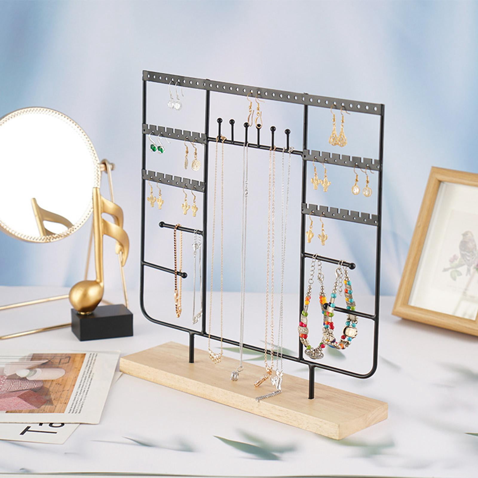 Jewelry Organizer Holes with Wood Base Multi Tiers Metal Hanging Holder Jewelry Tree for Earrings Necklace Girls Gift Women