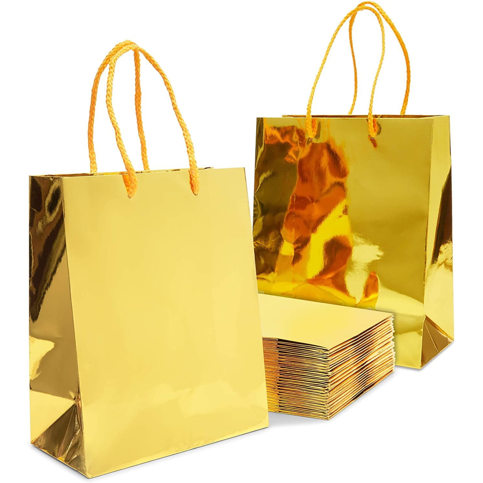 12 Gold Foil Paper Gift Bags White Tissue Paper Satin Ribbon Handles 8.5" x 5.5"