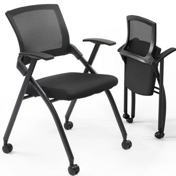 2-Pack Stackable Folding Conference Chairs with Wheels, Rebound Back & Padded Seat, 350lbs Capacity Office Guest Chairs for Training Room, Reception & Events, Black