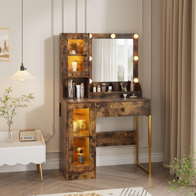 TROPOW Vanity Desk with Mirror and Lights Elegant Makeup Vanity Table with Drawers & Cabinets, Storage, Sturdy MDF Top, Adjustable Brightness Bulbs, Built-in Power Outlet & USB Ports,Brown