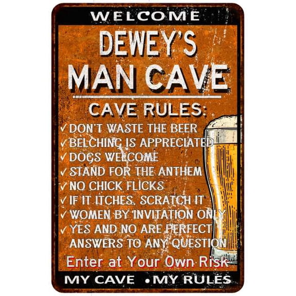 DEWEY'S Man Cave Rules Rusty Sign Garage Decor 12 x 18 Matte Finish Metal 112180051153