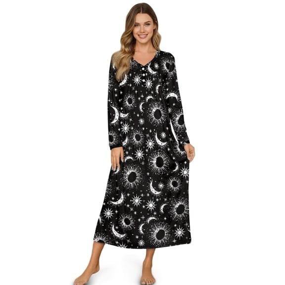SEANATIVE Women's Sleepshirts Long Sleeve Cozy Button Front Nightshirt Long Length Pajama Dress Night Gown for Sleep Bedtime Home Relaxation, S, Sun Moon Black