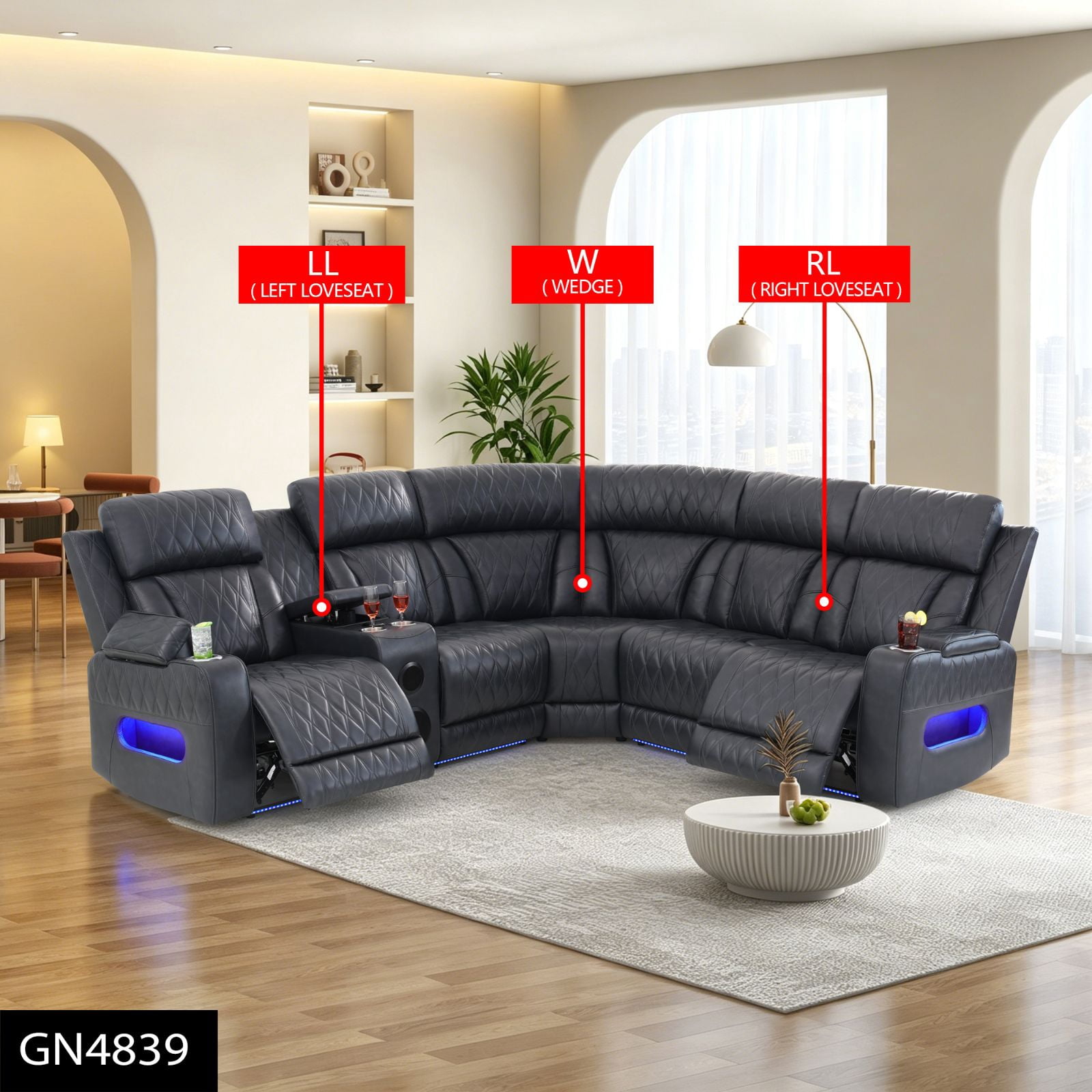 5 Seat L-Shaped Recliner Couch with USB Charging, 3PCS/Set Power Reclining Sectional Sofa with Cup Holders and Storage for Living Room, Home, Theater Seating, House, Apartment