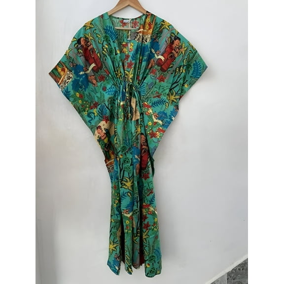 Farida Print Cotton Kaftan Dress Long Top Caftan, Dress Beach Wear Cover up, Printed Sleepwear Maxi Dress Boho Kimono Robe